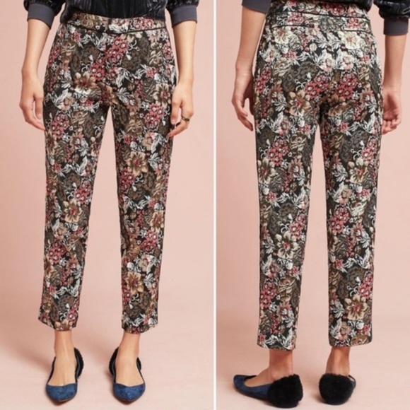 New Anthropologie Maeve Black Jacquard Pants Sz 8 - Picture 2 of 8